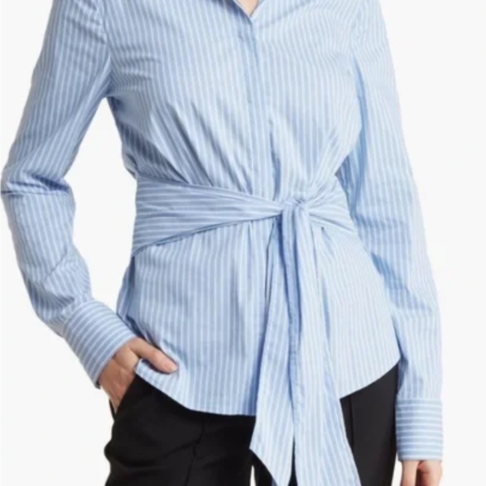 Ellen Tracy Striped button down Tie Waist Blouse (Medium)